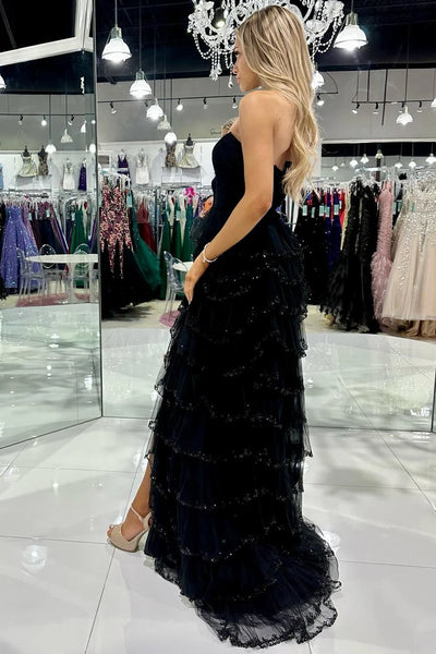 Cute A Line Strapless Black Tiered Tulle Long Prom Dresses with Slit VK24101915