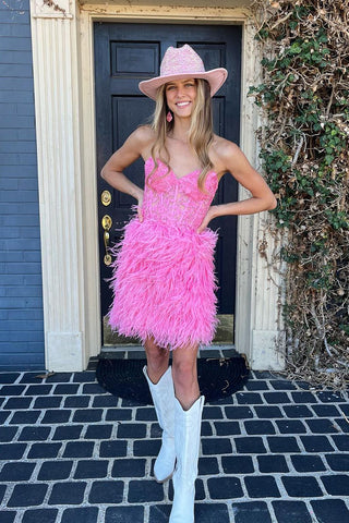 Pink Strapless Appliques Short Homecoming Dress with Feather VK24051905