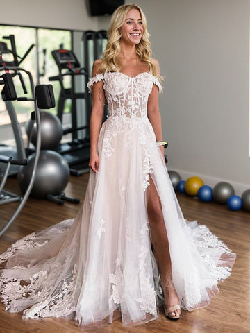 Fairy A Line Off the Shoulder Tulle Long Wedding Dresses with Appliques