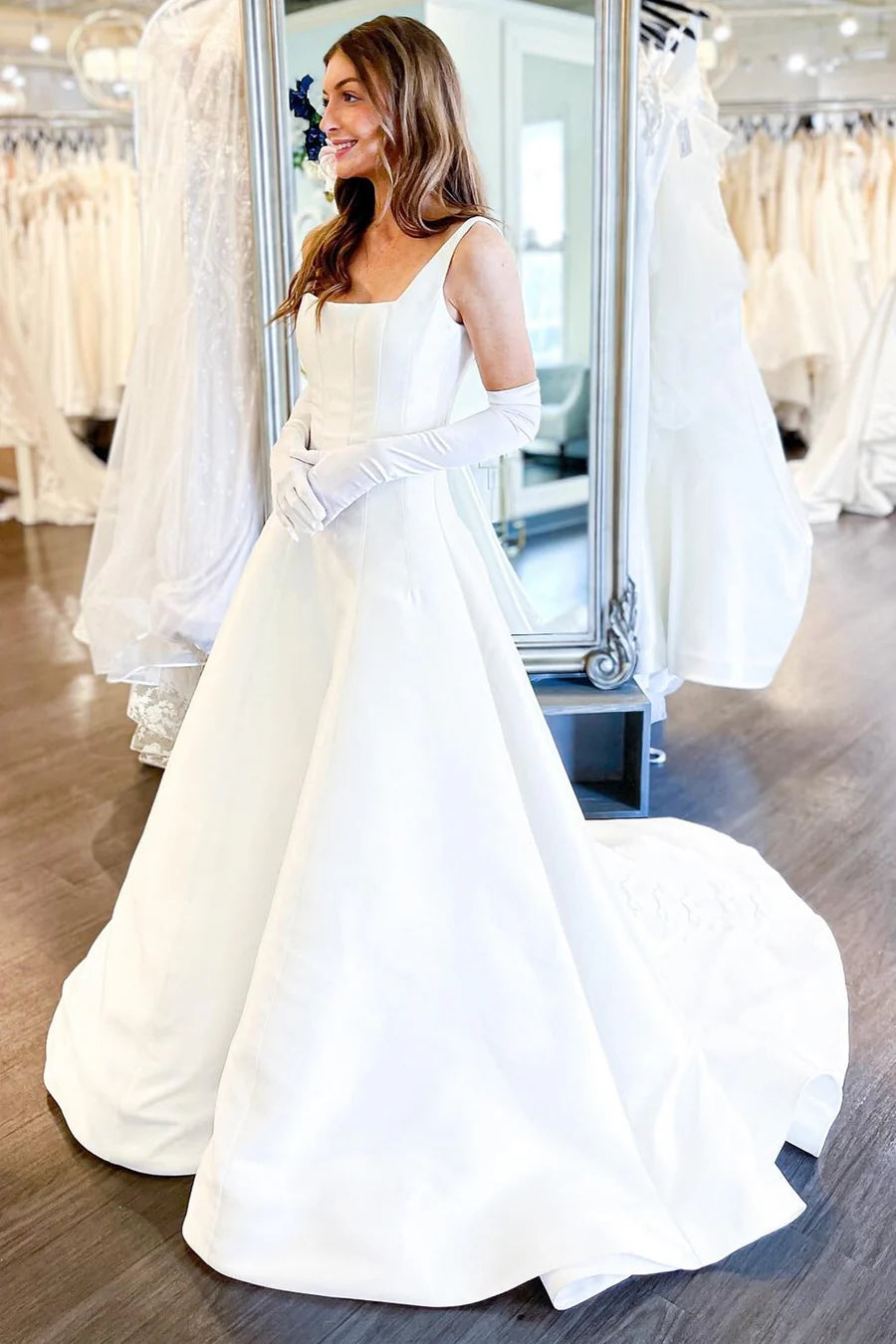 Simple A Line Square Neck Satin Long Wedding Dresses with Bow VK24101912