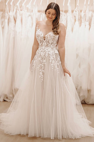 Fairy A Line V Neck Tulle Long Wedding Dress with Appliques VK1361907