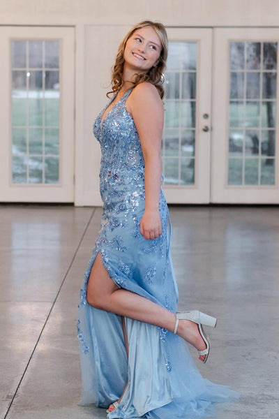 Mermaid Halter Blue Sequin Lace Long Prom Dresses with Slit VK021703