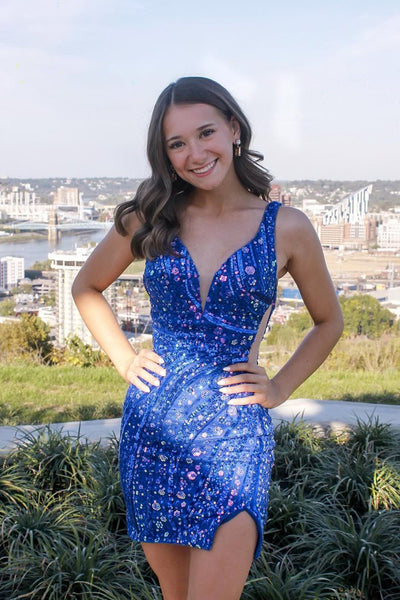 Cute Bodycon One Shoulder Sequins Royal Blue Short Homecoming Dresses VK24101008