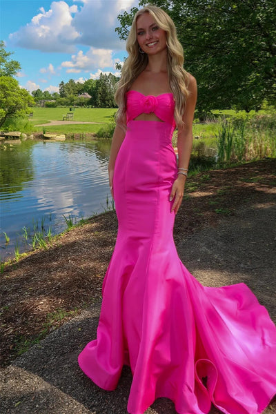 Mermaid Sweetheart Keyhole Pink Satin Prom Dress with Bow VK24122617