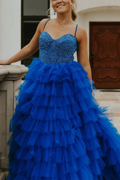 A Line Sweetheart Blue Tiered Tulle Prom Dress with Beading VK010702