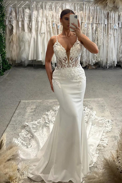 Elegant Mermaid V Neck Elastic Satin Long Wedding Dresses with Appliques VK24101504