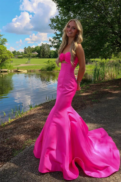 Mermaid Sweetheart Keyhole Pink Satin Prom Dress with Bow VK24122617