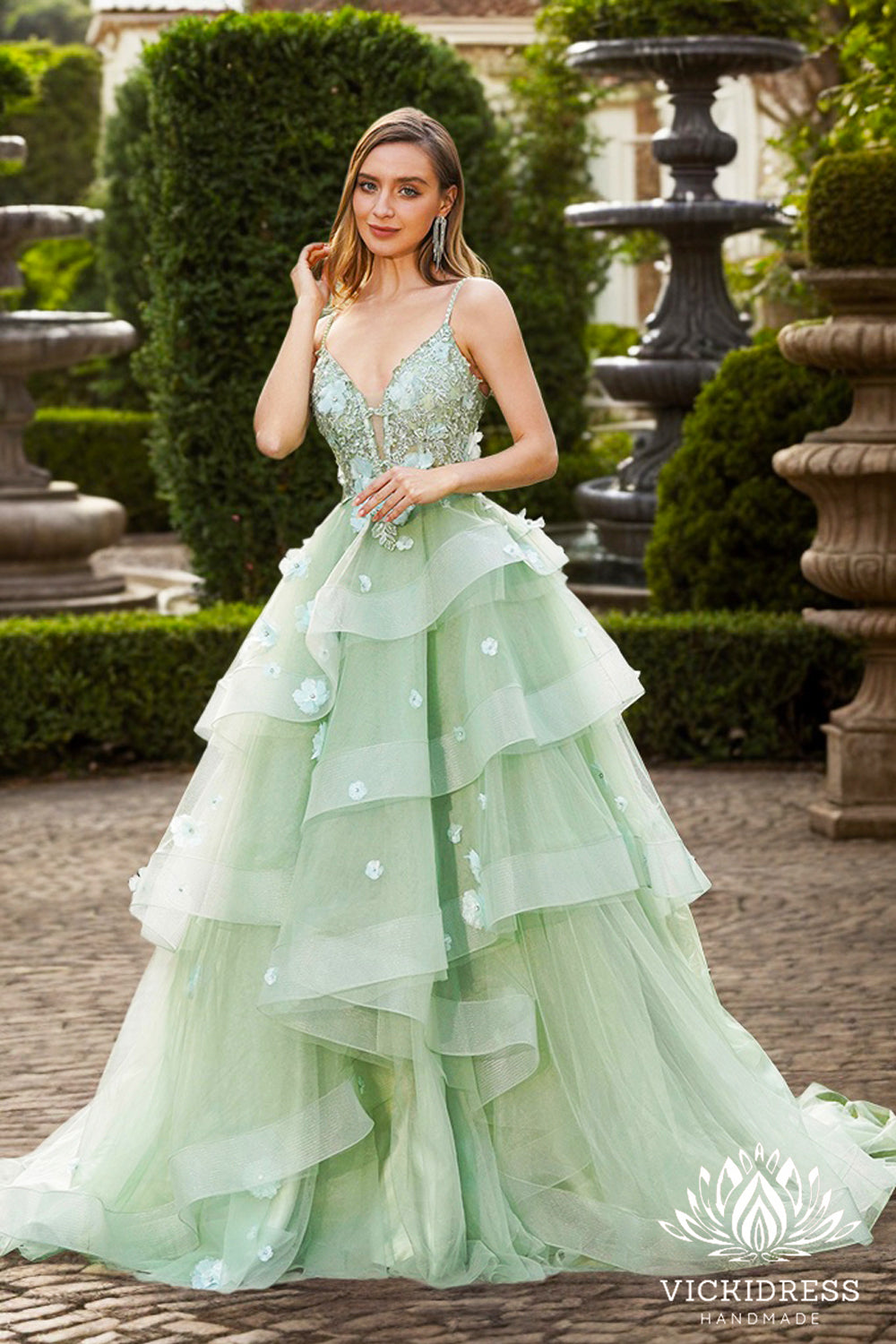 Ball Gown V Neck Sage Green Irregular Tulle Prom Dress with 3D Flowers VK24122713