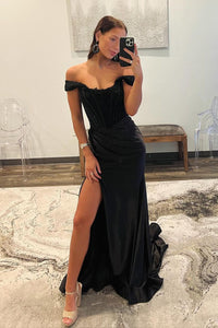 Mermaid Off the Shoulder Black Satin Long Prom Dresses with Slit  VK24021102