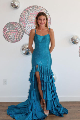 Gorgeous Mermaid Scoop Neck Teal Tiered Sparkly Satin Beading Prom Dresses