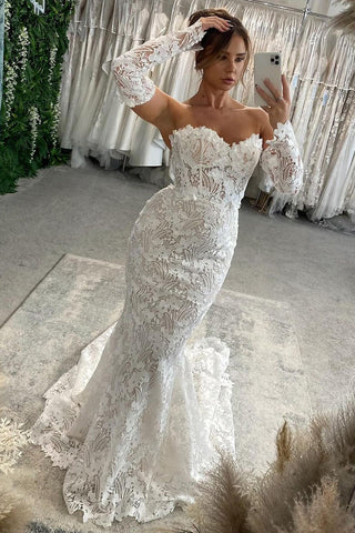 Mermaid Sweetheart Lace Long Wedding Dresses with Long Sleeves