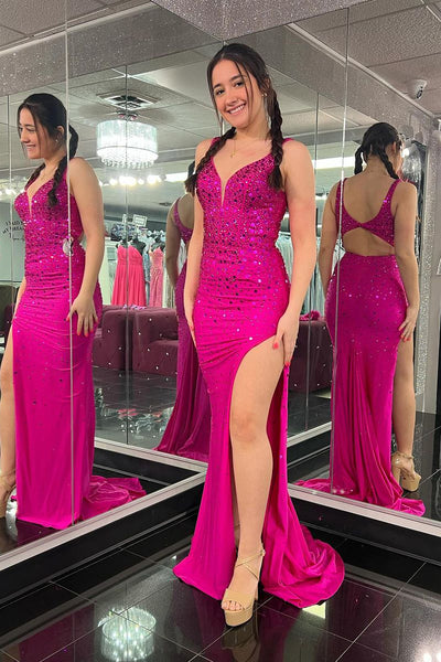 Fuchsia V Neck Beaded Mermaid Long Prom Dresses with Slit VK24050902