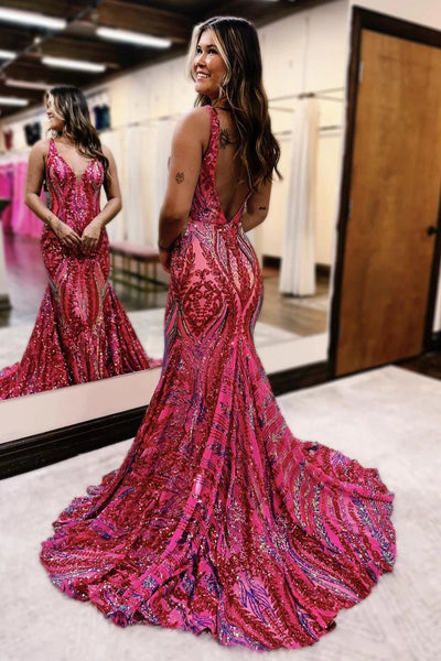 Cute Mermaid Fuchsia Red Sequins Lace Long Prom Dresses VK112118