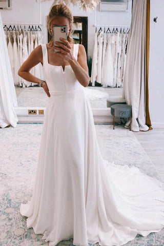 Simple A Line V Neck Satin Long Wedding Dresses VK24110708