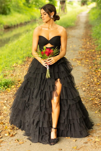 Cute A Line Sweetheart Black Dot Tiered Tulle Long Prom Dresses with Slit VK24102004