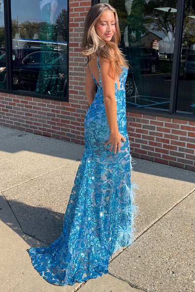 Cute Sheath V Neck Blue Sequin Lace Mermaid Long Prom Dresses with Feather VK24021401