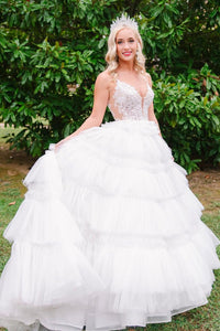 Fairy Ball Gown V Neck White Tulle Long Prom Dresses with Appliques VK24101512