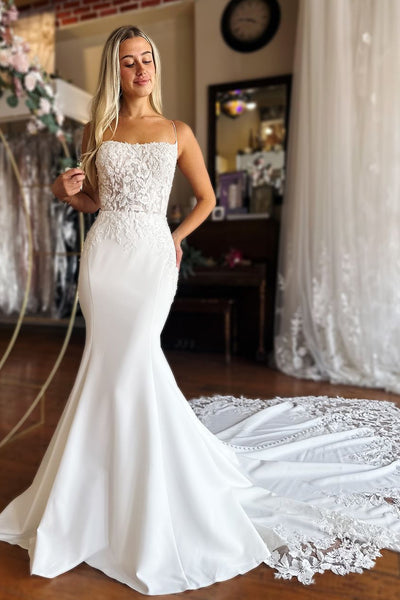 Elegant Mermaid Scoop Neck Satin Long Wedding Dresses VK24102810