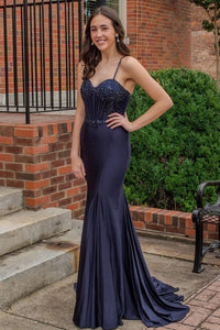 Chic Mermaid Straps Navy Satin Long Prom Dresses with Beading VK112110