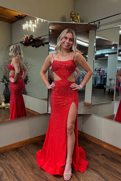 Gorgeous Fashion Mermaid Red Satin Long Prom Dresses with Beading VK130608