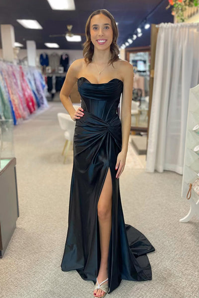 Charming Mermaid Sweetheart Black Satin Slit Prom Dress VK25010303