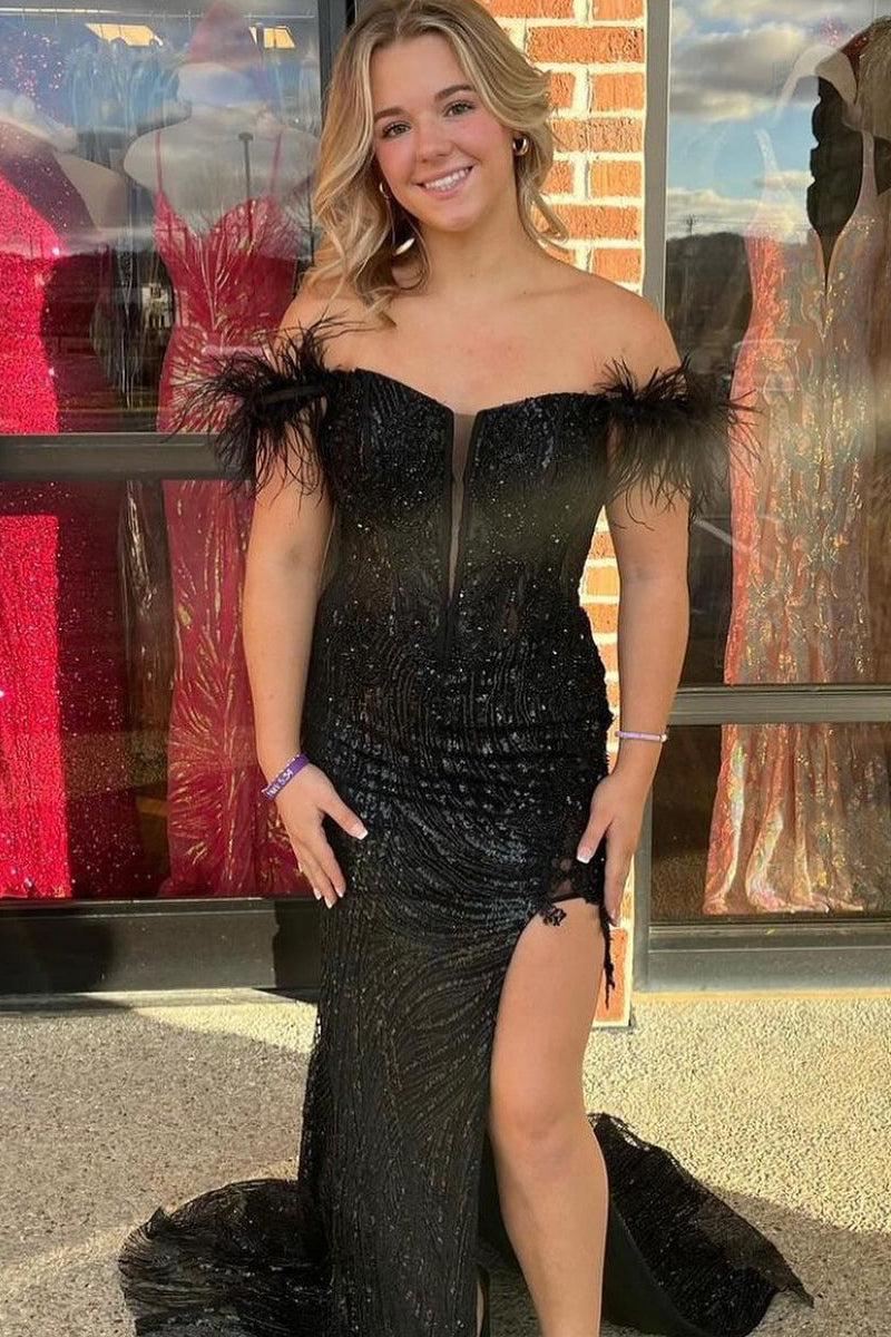 Black Off th Shoulder Sequin Lace Mermaid Long Prom Dresses VK24012204