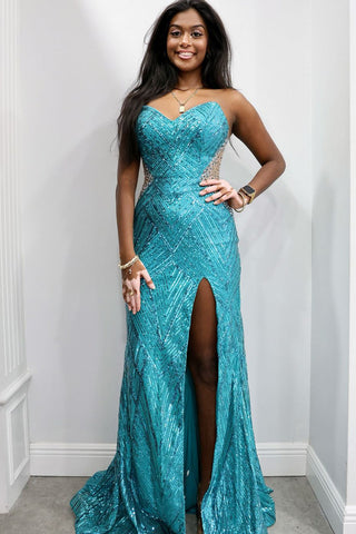 Cute Mermaid Sweetheart Sequins Lace Long Prom Dresses with Slit