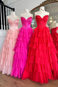 Cute A Line Sweetheart Pink Chiffon Tiered Prom Dress with Slit VK020108