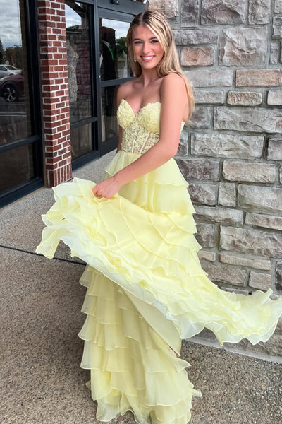 Cute A Line Sweetheart Daffodial Chiffon Tiered Prom Dresses with Beading VK24121101