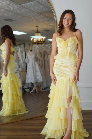 Mermaid Spaghetti Straps Yellow Ruffle Chiffon Long Prom Dresses with Slit VK021410