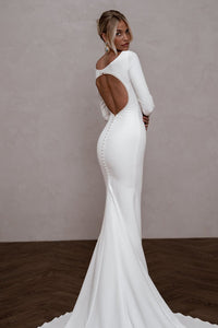 Elegant Mermaid Boat Neck Open Back Long Wedding Dresses with Peals VK24101003