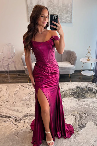 Cute Mermaid Off the Shoulder Fuchsia Satin Long Prom Dresses with Slit VK13120907