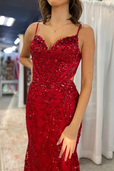 Cute Mermaid V Neck Red Sequins Lace Prom Dress VK24122406