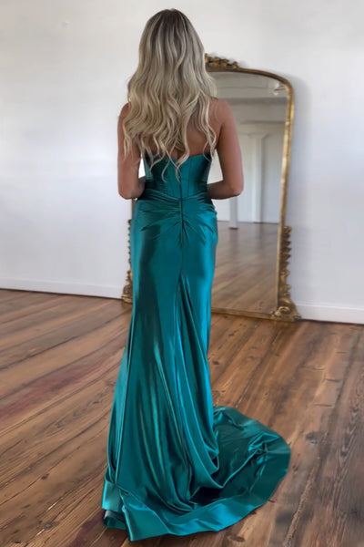 Charming Mermaid Sweetheart Green Satin Long Prom Dresses VK24102403