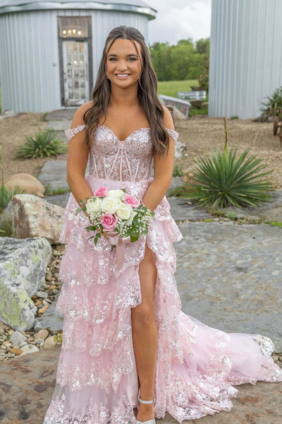 Cute A Line Off the Shoulder Pink Tiered Tulle Long Prom Dresses with Appliques VK24101903