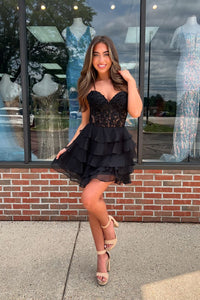 Cute A Line Sweetheart Black Chiffon Short Ruffle Homecoming Dresses VK081901