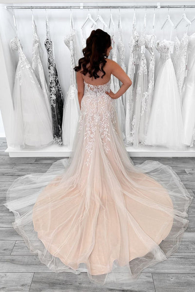 Elegant A Line V Neck Sequins Lace Tulle Long Wedding Dresses