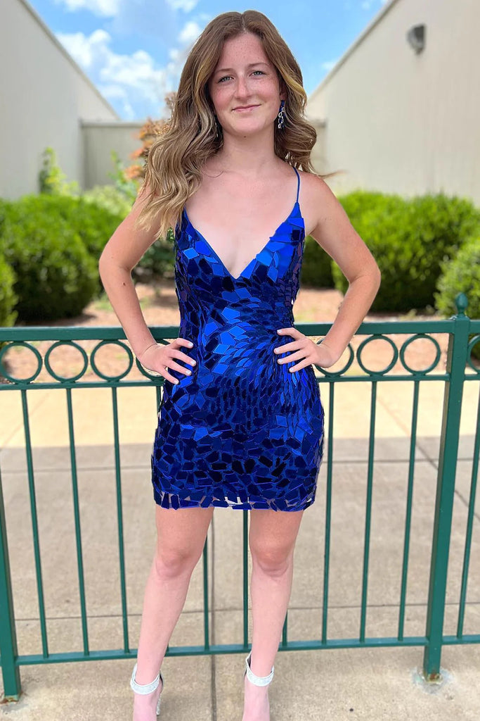 Sparkly Royal Blue Corset Tight Short Sequins Homecoming Dress