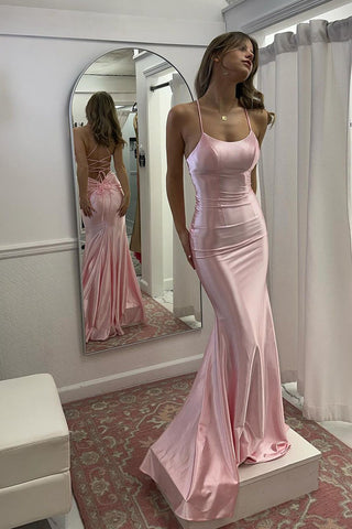 Charming Mermaid Scoop Neck Pink Satin Long Prom Dresses with Lace-up Back