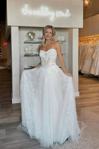 Boho A Line Scoop Neck Lace Tulle Long Wedding Dresses