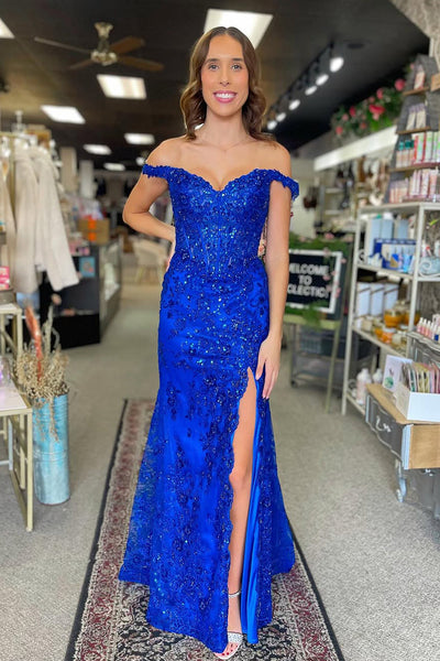 Sparkly Mermaid Off the Shoulder Royal Blue Sequins Lace Prom Dress with Slit VK1361707