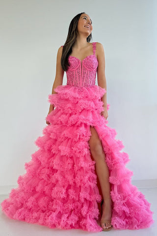 Gorgeous Ball Gown Sweetheart Pink Tiered Tulle Prom Dresses with Appliques VK1314