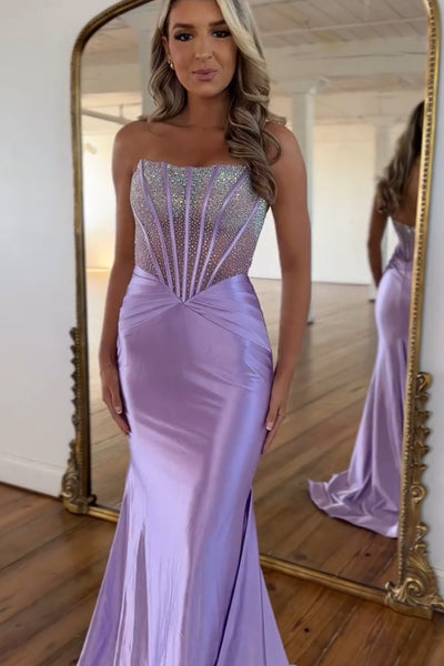 Sparkly Mermaid Strapless Lavender Satin Long Prom Dresses VK24102224