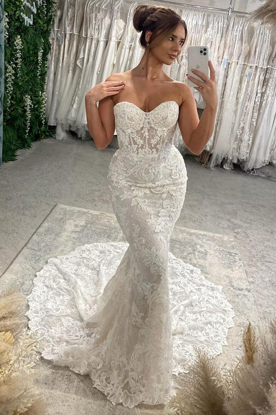 Elegant Mermaid Vintage Lace Long Wedding Dresses with Ruffled Sleeves VK24101001