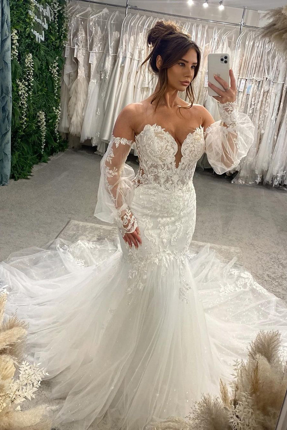 Bohemian Mermaid Sweetheart Lace Wedding Dresses with Sleeves