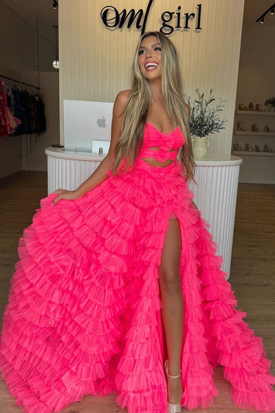 Cute Mermaid Sweetheart Hot Pink Tulle Long Prom Dresses with Slit VK24100702