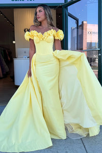 Mermaid Off the Shoulder Yellow Satin Long Prom Dresses VK25040103