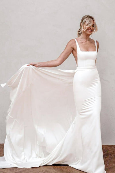 Fairy Mermaid Square Neck Elastic Satin Long Wedding Dresses VK24100609