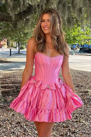 Cute A Line Scoop Neck Pink Satin Short Homecoming Dresses with Beading VK24082308