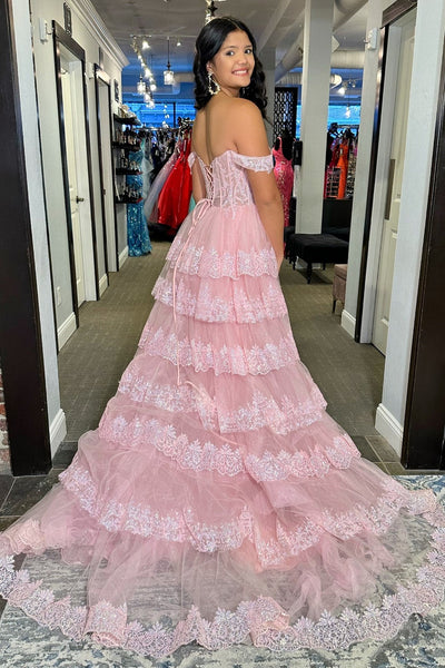 Fairy Ball Gown Off the Shoulder Pink Tulle Prom Dresses VK24102309